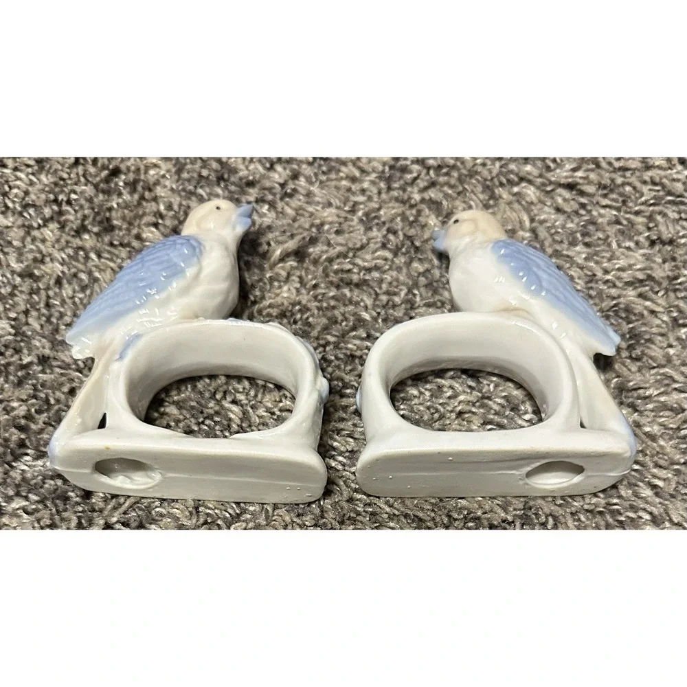 Pair Vintage Blue Bird/Sparrow Ceramic Napkin Rings - Figurine Holders